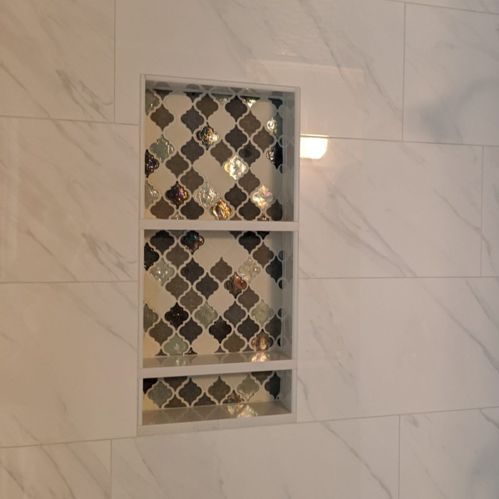 Glass tiles bathroom shower backsplash